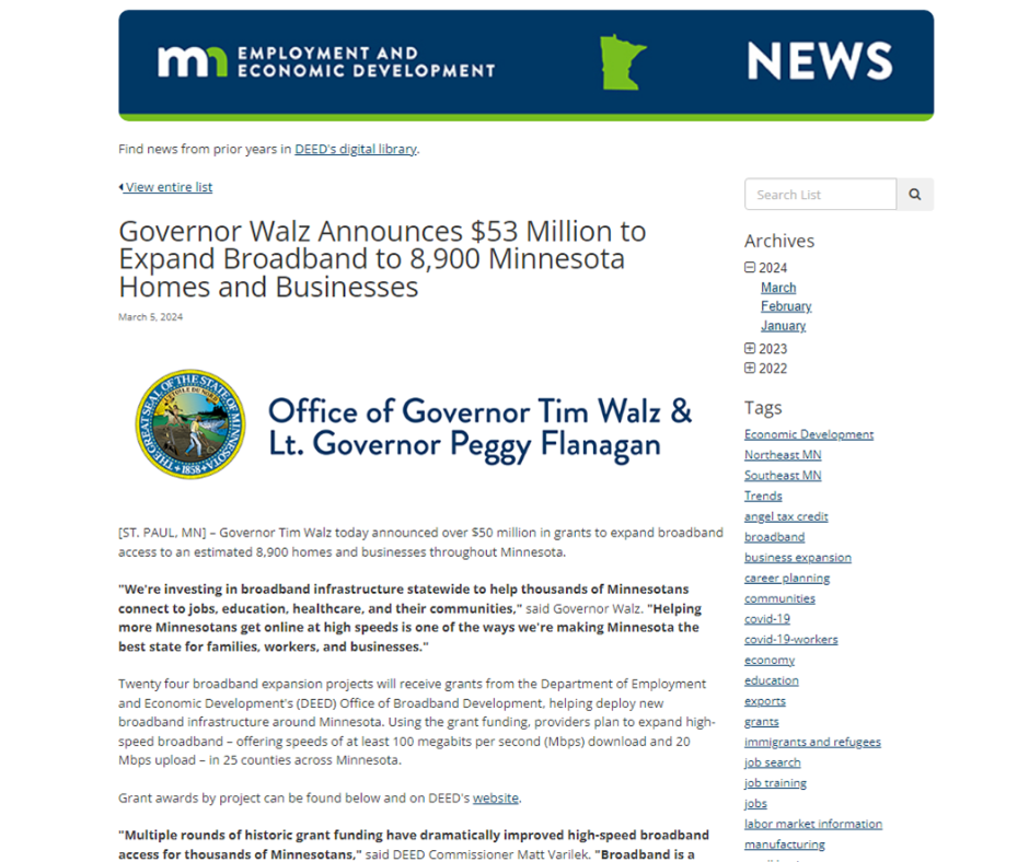 Governor Walz Announces $53 Million to Expand Broadband to 8,900 Minnesota Homes and Businesses