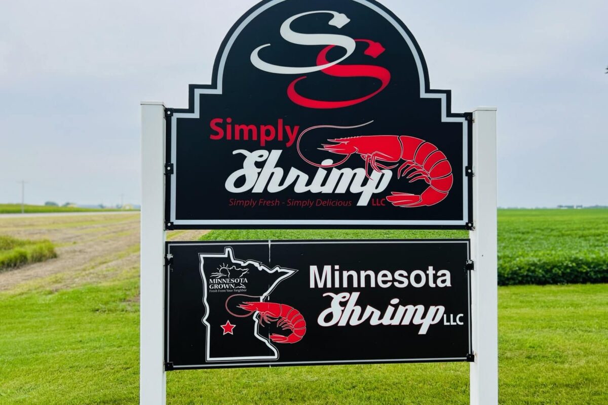 Minnesota Shrimp and Simply Shrimp black and red sign