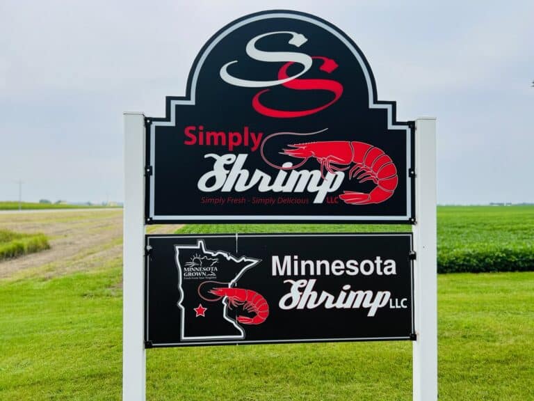 Minnesota Shrimp and Simply Shrimp black and red sign